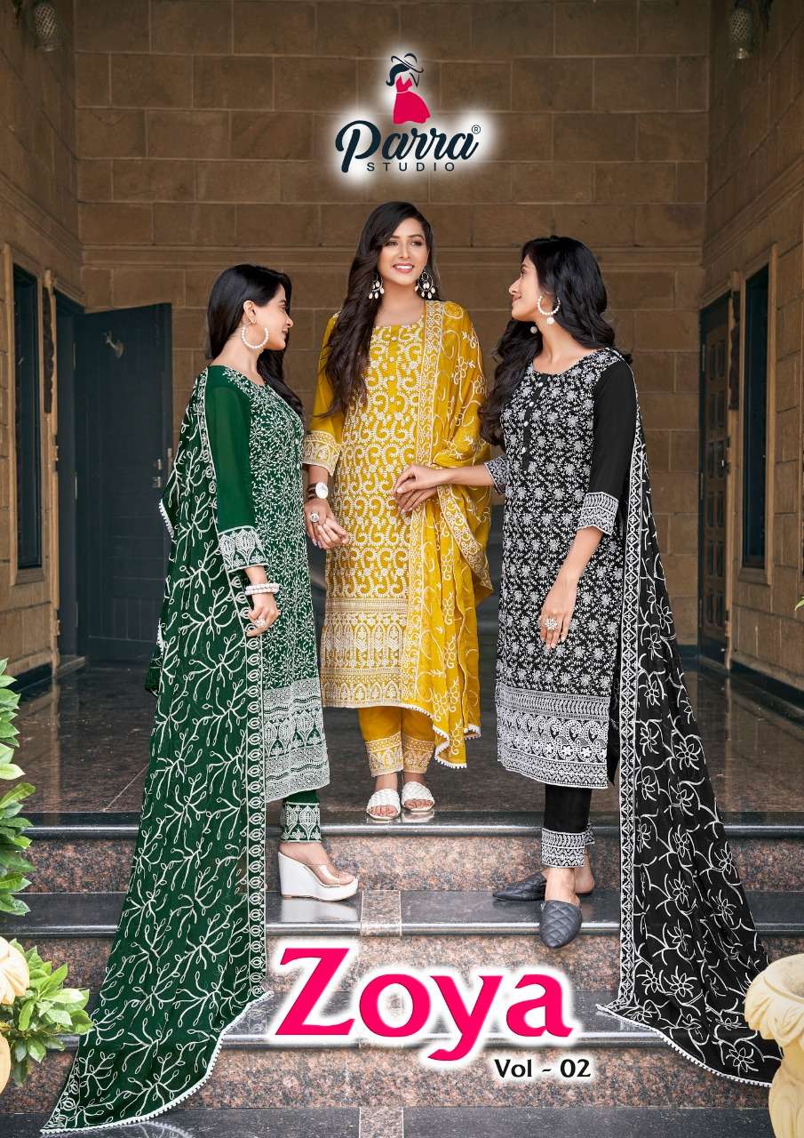 Parra Studio- Zoya Vol 2-fabric-georgette-kurti-shifali Work -inner-satin-fabric-embroidery-work-lace-pant-nazmin-chain Work-dupatta -Poster